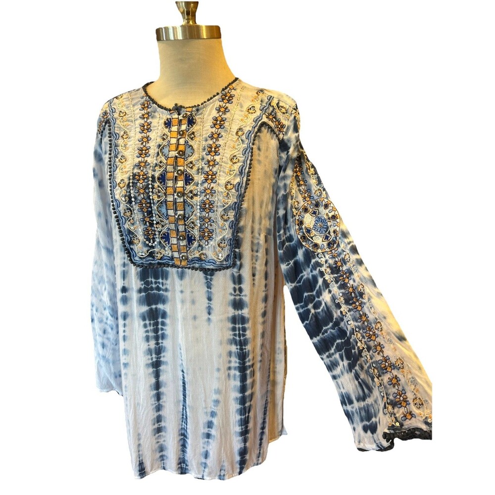 Chicos Sz 2 US 12/14 Tie Dye Tunic Top Embellished Hippy Boho $119 Blue Cruise